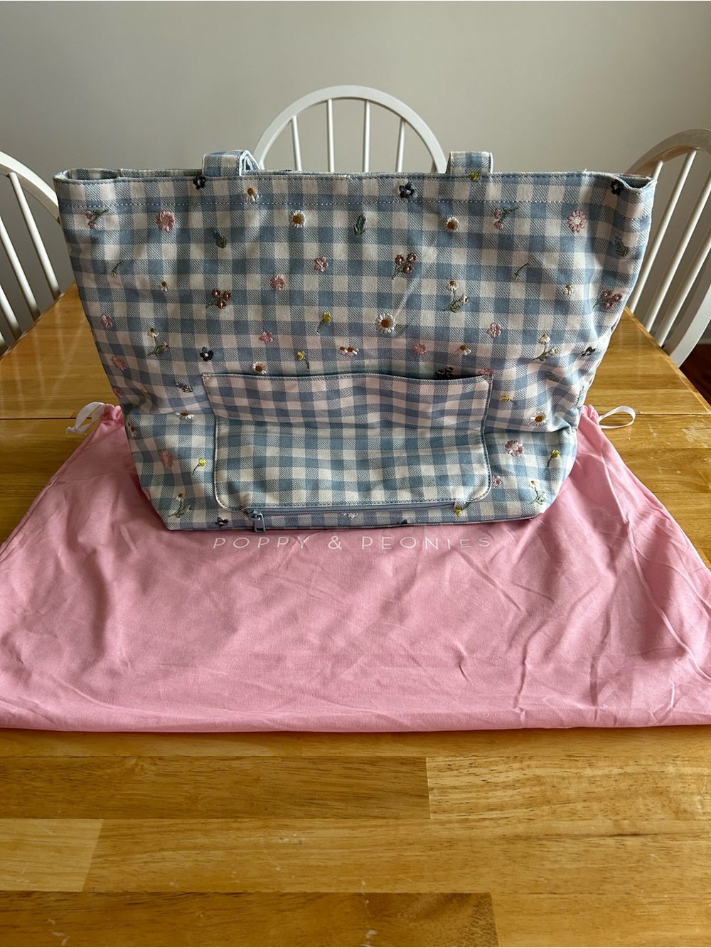 Poppy & Peonies Everything Tote Blue Gingham - Picture 2 of 4